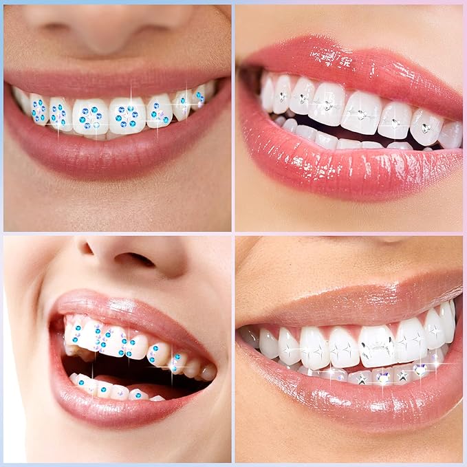 Sosation 377 Pieces Tooth Gem Kit DIY Fashionable Tooth Jewelry Kit Artificial Crystal Reflective Teeth Gems for Halloween Christmas Teeth Party Decorations Bright Style