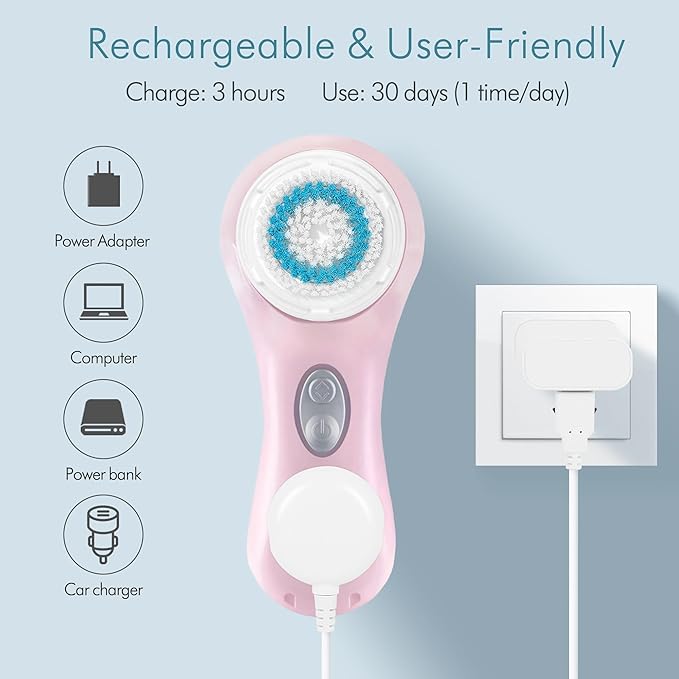 Microtree Electric Facial Cleansing Brush, Sonic Vibrating Rechargeable Face Scrubber Exfoliator, 2 Speeds for Gentle Clean, Face Wash Brush, Waterproof Face Cleansing Brush