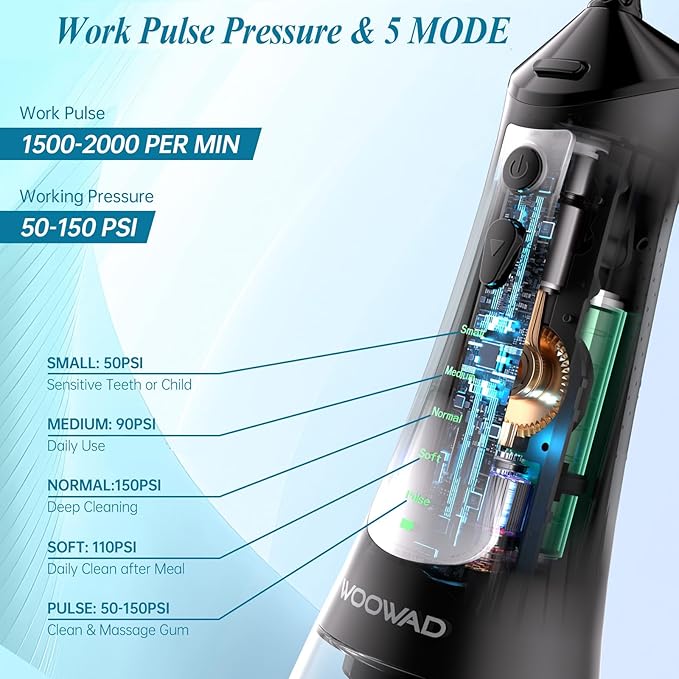 Water Flosser for Teeth 300ML Cordless,Portable Water Dental Floss Pick IPX7 Waterproof 5 Modes & 6 Jet Tips Noise<70db, Water Picks for Teeth Cleaning and Flossing, Braces, Gums,Oral Care