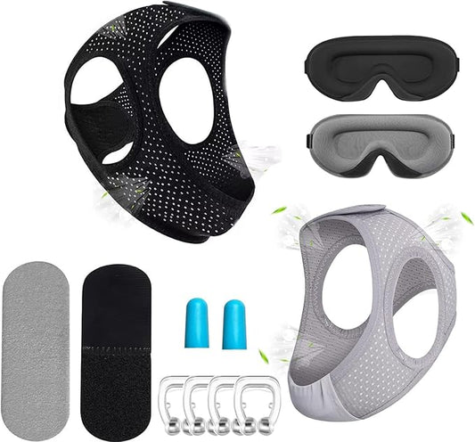 Chin Strap for Sleeping User, Anti Snoring Chin Strap to Keep Mouth Closed, Airflow Jaw Strap for Sleep Apnea, Snoring Cpap Chin Straps for Men Women with Eyeshade, Nasal Strips and Earplugs