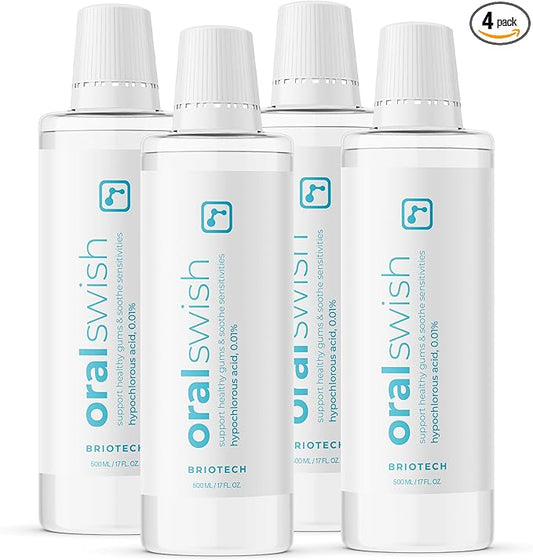 BRIOTECH Oral Swish, Hypochlorous Acid Mouthwash Rinse, Gentle Oral Care Hygiene, Fight Bad Breath, Support Against Plaque, Gum Irritation & Tender Gums, Alcohol & Fluoride Free, 17 fl oz (4 Pack)