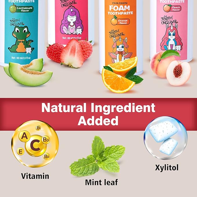 NOHOO Fluoride Free Foam Toothpaste Kids Fruit Flavour,Natural Training Toothpaste for Baby Toddler Children Oral Cleaning and Cavity Protection (2 Strawberry + 2 Peach)