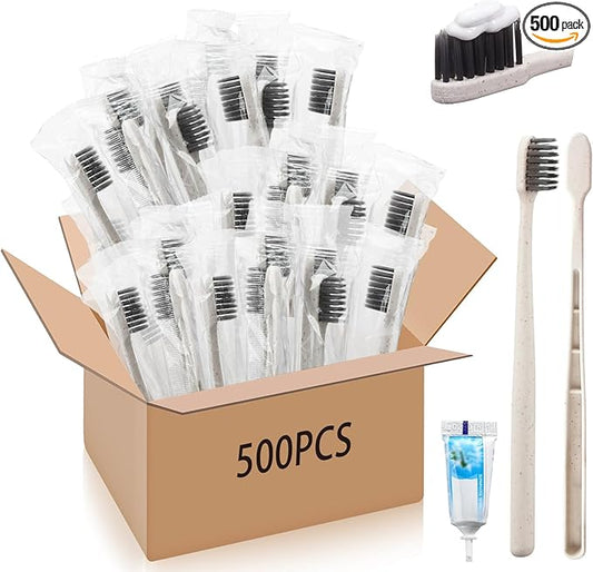 Uiifan 500 Sets Disposable Toothbrushes with Toothpaste Bulk Individually Wrapped Travel Toothbrush Kit Soft Bristle Tooth Brushes Homeless Supplies for Hotel Shelter Nursing Home Charity Donation