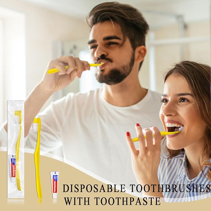 Disposable Toothbrushes with Toothpaste,300 Pack Yellow Hollow Individually Wrapped Disposable Travel Toothbrushes Kit in Bulk for Homeless,Nursing Home,Hotel,Charity