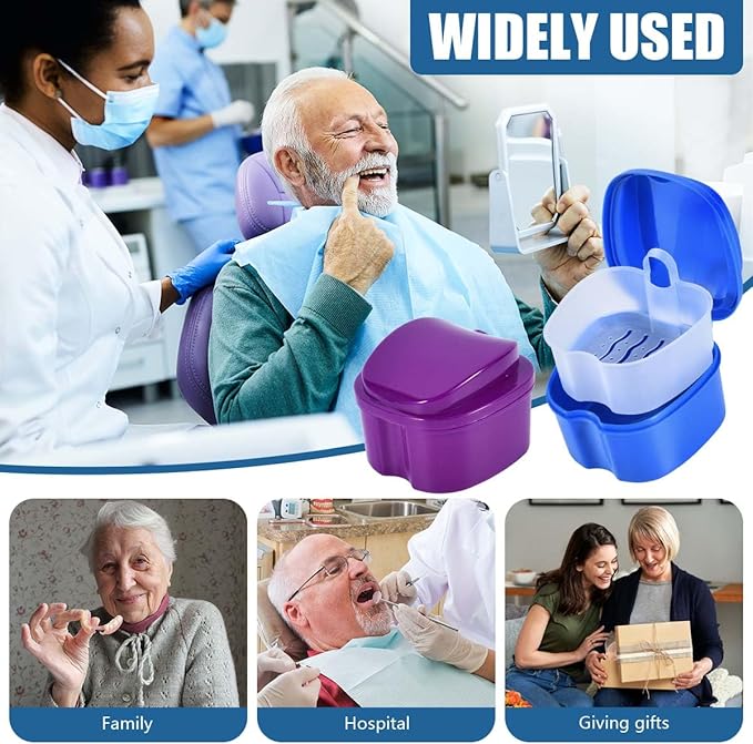 2 Pack Denture Bath Case Cup Box Holder Storage Container with Denture Cleaner Brush Strainer Basket for Travel Cleaning (Blue and Purple)