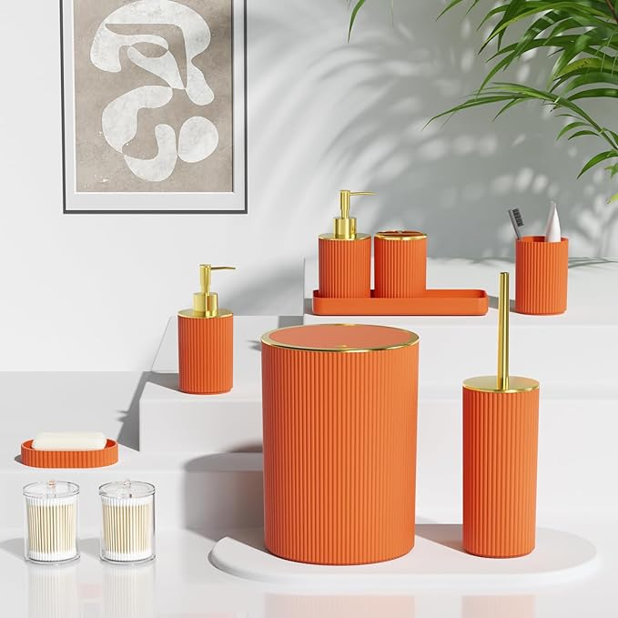 Orange Bathroom Accessories Set, 10PC Bathroom Set, Bath Accessory with Pop Up Trash Can, Soap Dispenser, Toilet Brush, Toothbrush Set Qtip Holders & Tray