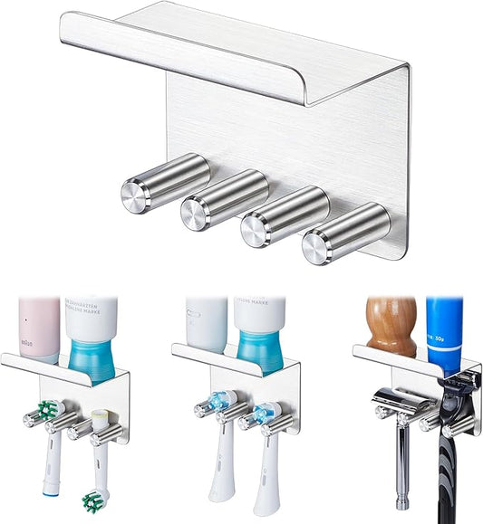 Toothbrush Holder Wall Mounted for Bathrooms, Stainless Steel Electric Toothbrush Head Holder, Self Adhesive Toothbrush and Toothpaste Organizer, Wall Tooth Brushing Razor Holder for Shower