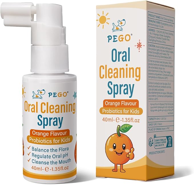 PEGO Kids Oral Spray - Toddler Toothpaste Helper for Fresh Breath, Fruit-Flavored, Probiotic Mouth Spray,Fluoride Free for Newborn to 12 Years (40ml*1, Orange)
