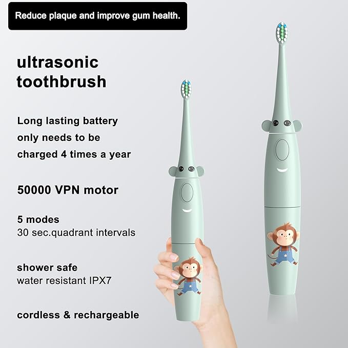 2-1 Kids Oral Clean Kit- Water Dental flosser & Electric Toothbrush Combo for Kids-Brushing & Flossing-Safe & Effective -Cute Giraffe and Monkey Theme