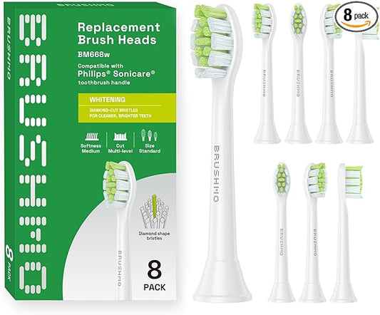 Brushmo Whitening Replacement Toothbrush Heads, Compatible with Philips Sonicare Click-on Electric Toothbrush Handles, 8 Standard Heads, Medium Firm Diamond-Shape Dupont Bristles, BM668, White
