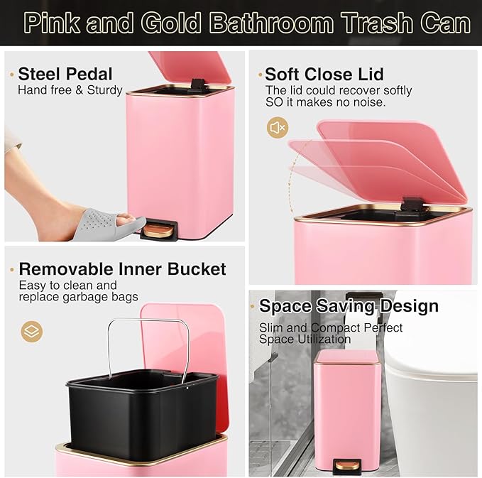 Pink Bathroom Accessories Set 8 Piece Pink and Gold Bathroom Set, Bathroom Sets with Stainless Steel Trash Can,Toilet Brush,Toothbrush Set,Soap Dispenser