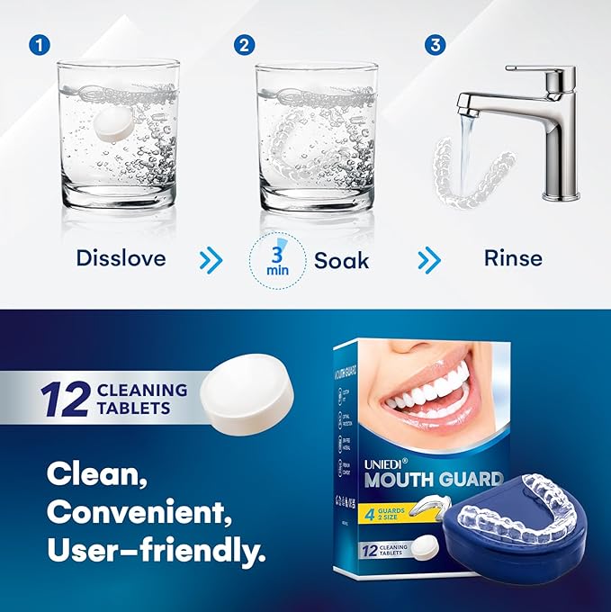 Mouth Guard for Grinding Teeth at Night: Moldable Sleeping Mouthguards for Clenching and Bruxism Protection - Nighttime Sleep Guards for Adults with 12 Cleaning Tablets