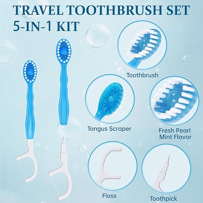 20pcs 5 in 1 Disposable Mini Toothbrush with Toothpaste + Floss + Pick + Tongue Scraper | Travel Size | Individually Wrapped | Soft | Mint | Travel Set | Oral Care (2)