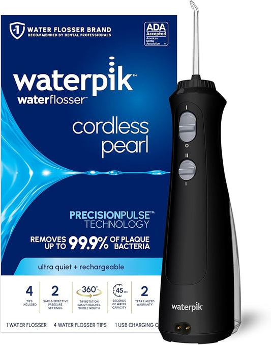 Waterpik Cordless Pearl Rechargeable Portable Water Flosser for Teeth, Gums, Braces Care and Travel with 4 Flossing Tips - ADA Accepted, WF-13 Black, Packaging May Vary