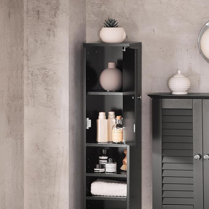 SoBuy Narrow Bathroom Storage Cabinet, Tall Slim Bathroom Organizers and Storage for Small Spaces, Freestanding Skinny Cabinet with Doors and Shelves for Tight Corners, Black BZR34-SCH