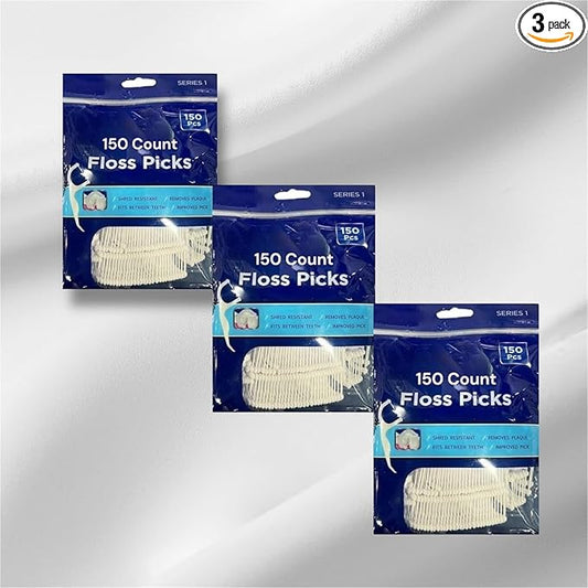 Floss Picks, Teeth, Unbreakable and Shred-Resistant Flossers for Adults 150 Count Each (3 Pack), White