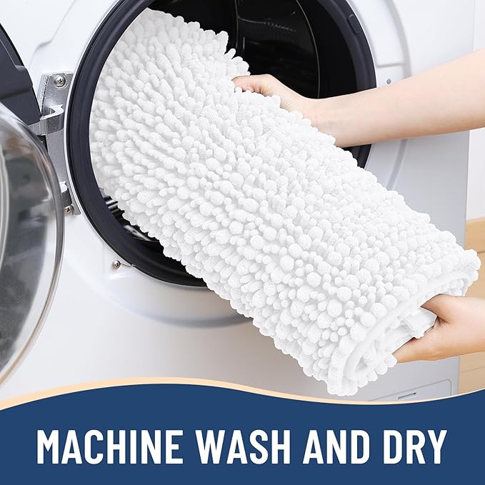 Arotive Luxury Chenille Bathroom Rug Mat, Extra Soft Thick Absorbent Shaggy Bath Rugs, Non-Slip Machine Wash Dry, Plush Bath Mats for Bathroom, Shower and Tub, 60x20, White