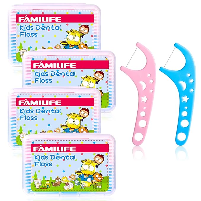 FAMILIFE Kid Floss Picks, Kid Flossers Without Fluoride, Dental Floss Picks with 4 Travel Handy Cases, Unflavored 120ct