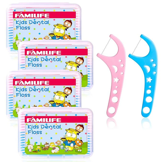 FAMILIFE Kid Floss Picks, Kid Flossers Without Fluoride, Dental Floss Picks with 4 Travel Handy Cases, Unflavored 120ct
