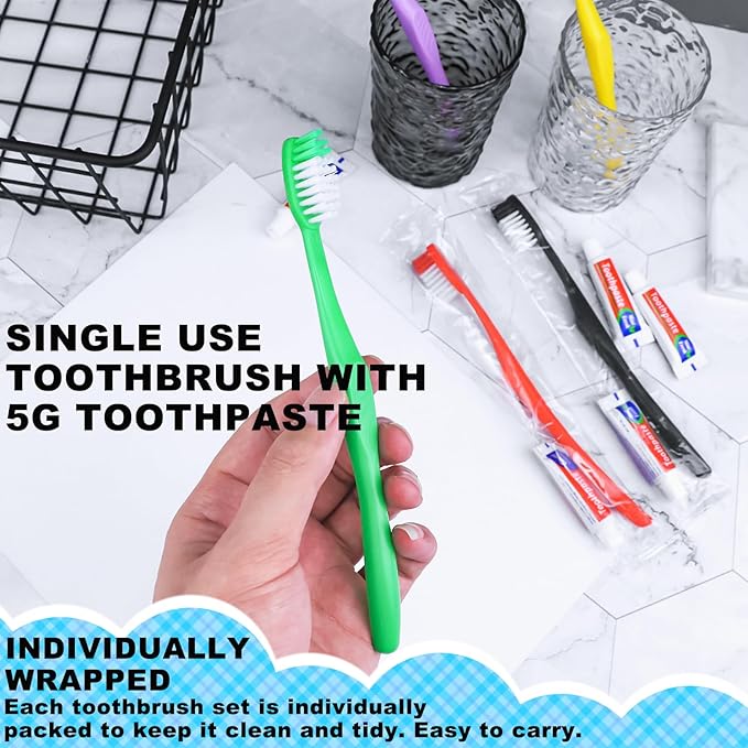 30pcs Disposable Toothbrushes with Toothpaste,Single Use Toothbrush with Toothpaste Individually Wrapped Disposable Travel Toothbrushes Kit Bulk for Homeless,Hotel,Guests(5 Colors)