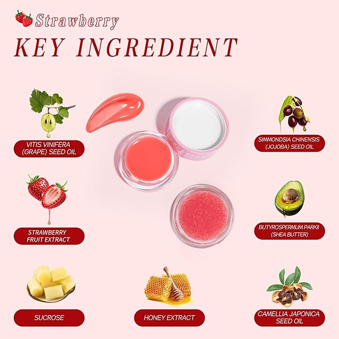 Lip Mask &Sugar Lip Scrub Set Natural Lip Treatment Duo - 4 IN 1 Lip Sleep Mask Gift Set for Exfoliate,Nourish Soothe & Hydrate Dry and Flaky Lips-Lip Mask Overnight for Lip Care-Strawberry