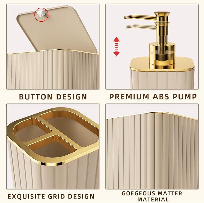 Bathroom Accessories Set - Gorgeous Bathroom Set, 10PC Beige Bathroom Accessory Set, Toilet Brush, Trash Can & Soap Dispenser
