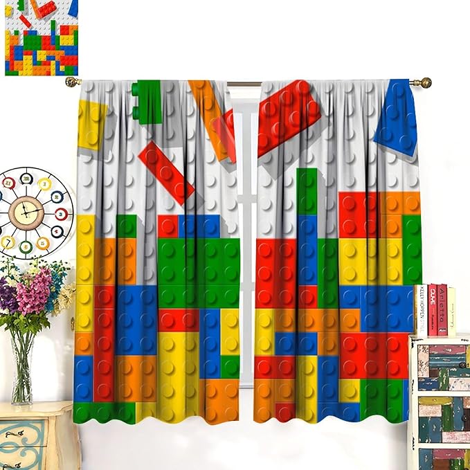 Building Blocks Toy Curtain Rod Pocket Children's Nursery Abstract Outline Colorful Plastic Toy Brick Geometric Print Pattern Curtain Boys Girls Bedroom Playroom 2 Panels 84x84in