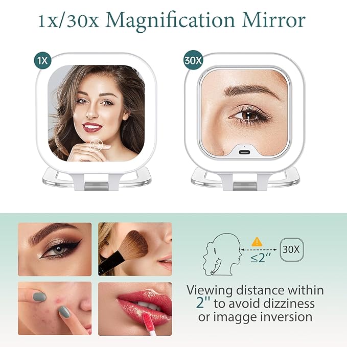 FUNTOUCH Compact Travel Mirror with Light, Rechargeable Double-Sided 1X10X Magnification with 3 Lights, Handheld Tabletop Portable Hanginig Mirror with Bag, Dimmable Touch Screen