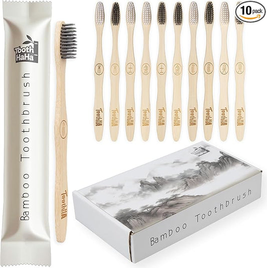 Bamboo Toothbrush Individually Sealed 10 Count, BPA-Free Soft Bristles Toothbrushes for Adults, Eco-Friendly, Natural Charcoal Wooden Toothbrush