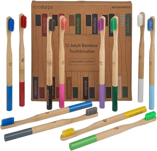 EcoSlurps Bamboo Toothbrushes (12 Adult Medium, Multi-Colored)
