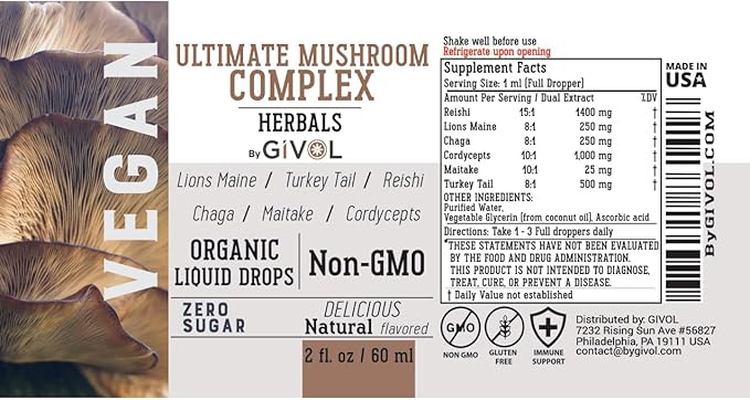 Ultimate Immune Mushroom Complex Liquid Drops: Dynamic Herbal Blend for Enhanced Performance & Energy, Fresh Lion's Mane, Reishi, Chaga Extracts, Vitamins, 60 Days Supply