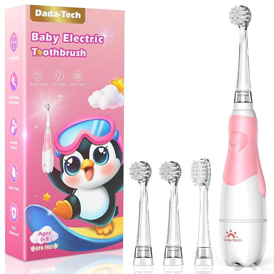 DADA-TECH Toddler Electric Toothbrush Kids Age 1-2-3 Years Old, Baby Electric Toothbrush with LED Light 2 Minutes Timer 4 Vibrating Heads for Infants Toothbrush 6 to 12 Months and Up (Pink)