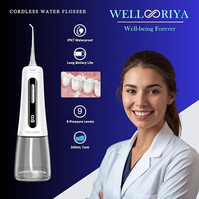 Cordless Water Flosser for Teeth – 300mL Large Tank, 9 Pressure Levels, LED Display, USB-C Rechargeable, IPX7 Waterproof Dental Oral Irrigator for Home & Travel (White)