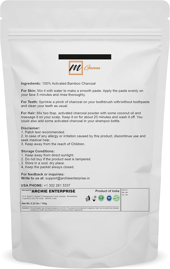 Activated Bamboo Charcoal 100g / 0.22lbs for Teeth Cleaning, Face Masks, Scrubs and Soap Making