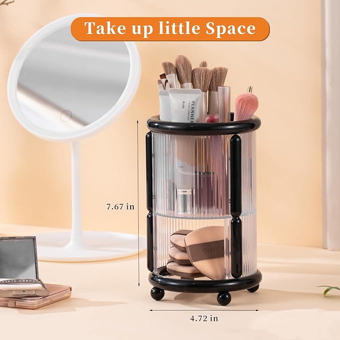 Makeup Brush Holder, 2 Tier Clear Cosmetic Tools Organizer, Round Makeup Organizer for Vanity Countertop (Black)