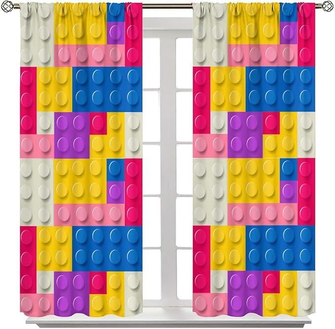 Kids Building Blocks Toy Curtains Children's Room Abstract Outline Colorful Plastic Toys Geometric Bricks Print Curtains for Boys Girls Nursery Curtains 72x63 Inches 2 Panels