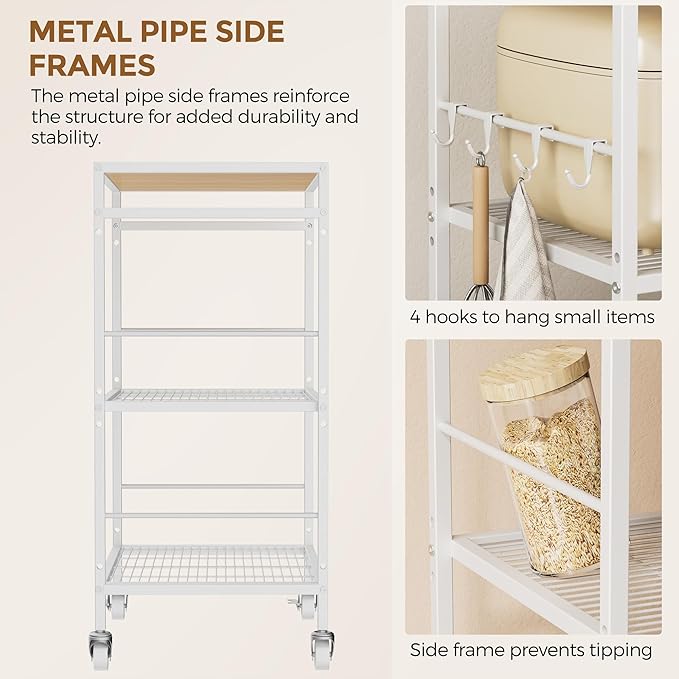XIVIRACK 3-Tier Metal Storage Rack with Industrial Wheels,Mesh Shelving Unit with Wooden Table top,Adjustable Shelf,23.6-Inch Width,15.8-Inch Depth, for Kitchen, Laundry,Pantry,Plant,white