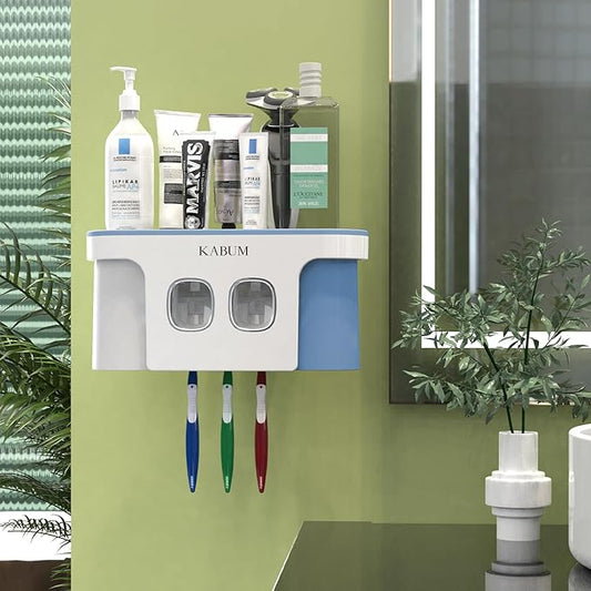 Toothbrush Holders for Bathroom Organizer, 2 Cups Automatic Toothpaste Dispenser Squeezer Kit Wall Mounted for Bathroom Set, Ideal Bathroom Accessories.Blue
