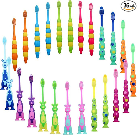Toddler Toothbrush Pack - 36 Pieces, Soft Bristle Animal Toothbrushes with Covers & Suction Cup for Kids Sensitive Teeth