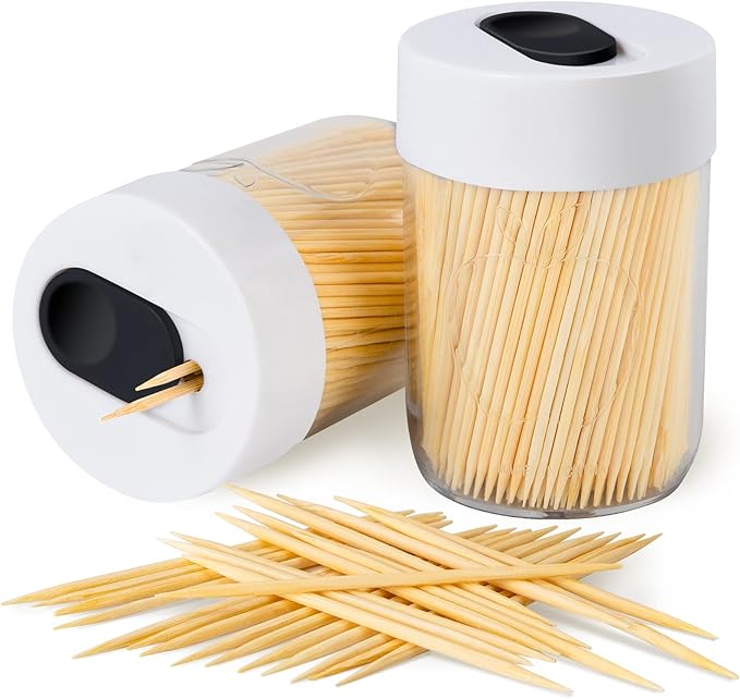 Urbanstrive Sturdy Safe Toothpick Holder with 800 Natural Wood Toothpicks for Teeth Cleaning, Unique Home Design Decoration, Unusual Gift, 2 Pack (White)