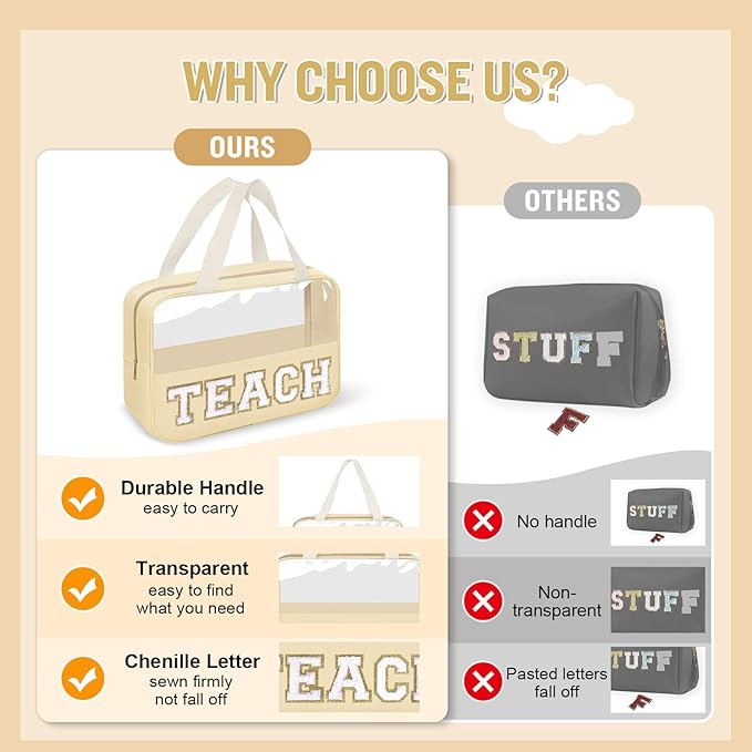 izuzta Teacher Appreciation Gifts TEACH Chenille Letter Clear Makeup Bag Pouch, Monogram Teacher Supplies Zipper with Handle Travel Cosmetic Bag Graduation Retirement Gifts for Women(TEACH-Beige)