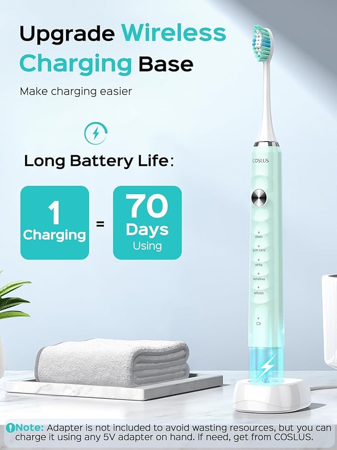 COSLUS Sonic Electric Toothbrush for Kids & Adults: 47000 VPM for Deep Cleaning & Whitening with Travel Case - 5 Modes for Sensitive Teeth & Braces, Wireless Charging, 6 Brush Heads for Home Family