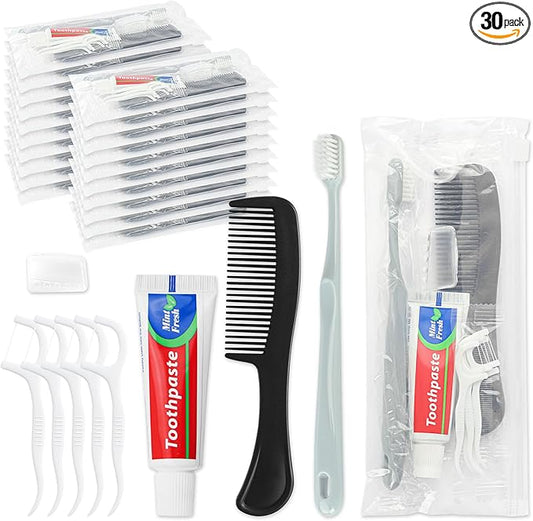 Travel Toothbrush Kit Bulk, Toothbrush Toothpaste Set, Hygiene Kit Bulk with Floss Picks, Comb, Protective Case, Individually Packaged, Suitable for Home, Travel, and Hotels (30-Pack)