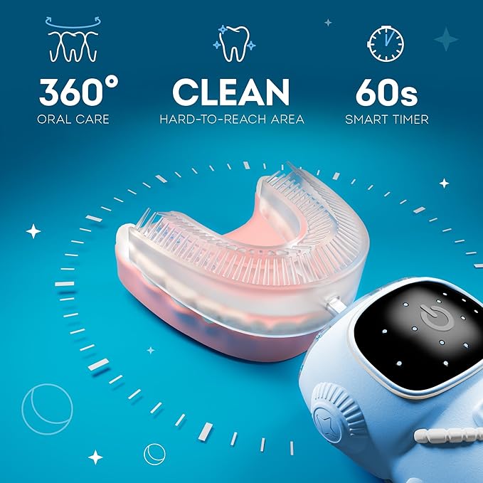 Bendi Kids U-Shaped Electric Toothbrush Ages 2-7 – 360° Mouthguard Design with Memory, 5 Brushing Modes & Multiple Heads Soft Silicone Auto Toothbrush for Toddlers & Children – Travel-Friendly (Blue)