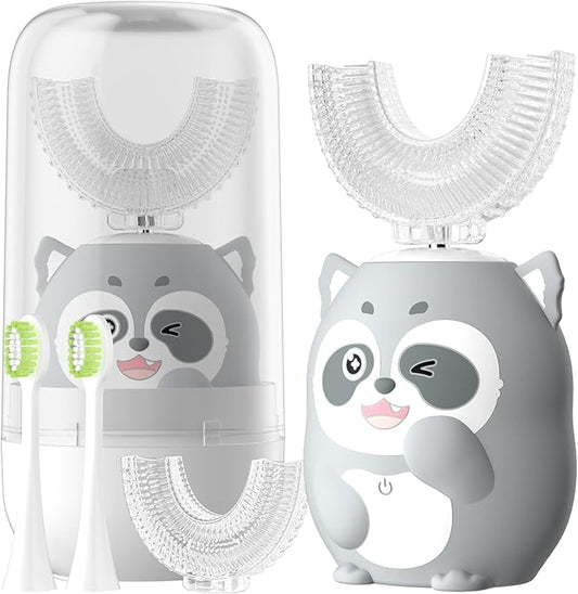Kids Electric U Shaped Toothbrush Children Rechargeable Sonic Toothbrush with 4 Brush Heads Full Mouth 6 Cleaning Modes - (Age 2-7, Gray)