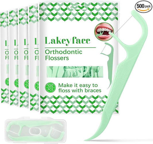 500 Count Orthodontic Flossers for Braces with Floss Dispenser, Braces Flossers for Adults & Kids, Floss Picks for Brace Fits Under Arch Wire, No Break & No Shred Floss, 100 Count Bag (Pack of 5)