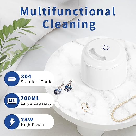 DK SONIC 200ML Ultrasonic Cleaner,24W Household Ultrasonic Denture Cleaner with Degas Modes and One-Touch Operation for Cleaning Jewelry,Retainer,Coins