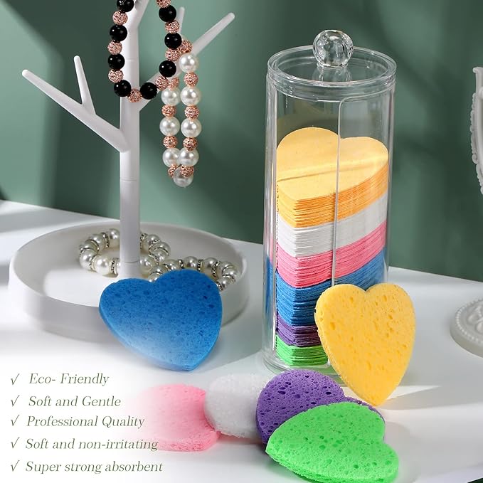 Sieral 120 Pcs Compressed Facial Sponges with Container Disposable Face Sponge Pads for Washing Face Cleansing Exfoliating Esthetician Makeup Removal(Heart,Colorful)