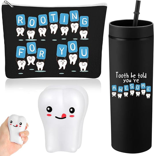 Skylety 3 Pcs Dental Hygiene Month Gifts Dental Assistant Hygienist Appreciation Gift 16oz Tumbler with Lid Cute Teeth Makeup Bag Stress Toy Employee Thank You Dentist Coworker Nurse Student(Black)
