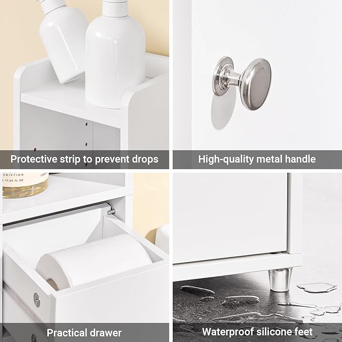 SoBuy Narrow Bathroom Storage Cabinet, Tall Slim Bathroom Organizer Cabinet with Adjustable Shelves, Skinny Freestanding Corner Cupboard for Small Spaces, White, BZR34-K-W